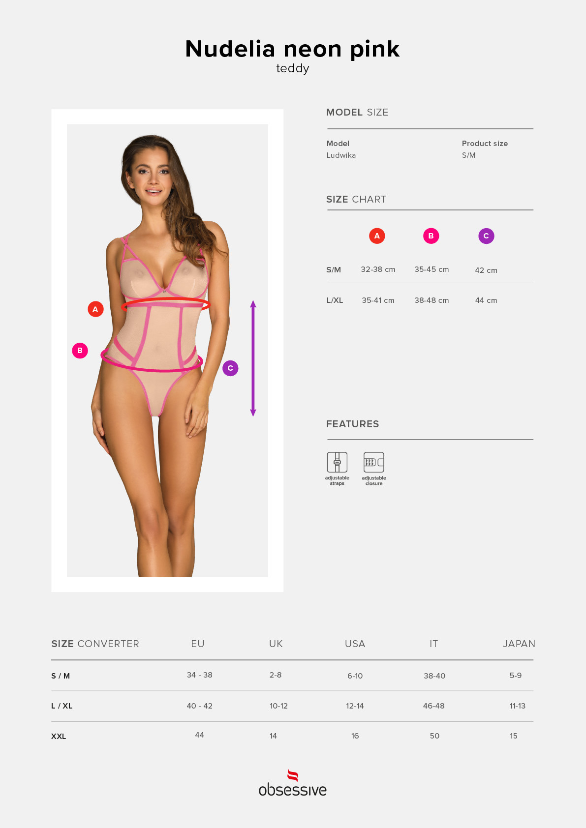 Elegantní body model 15537101 teddy neon pink růžová S / M - Obsessive
