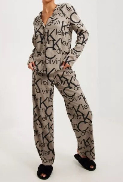 Dámský vrchní díl pyžama QS6848E 5VM béžová/černá - Calvin Klein béžová s černou L