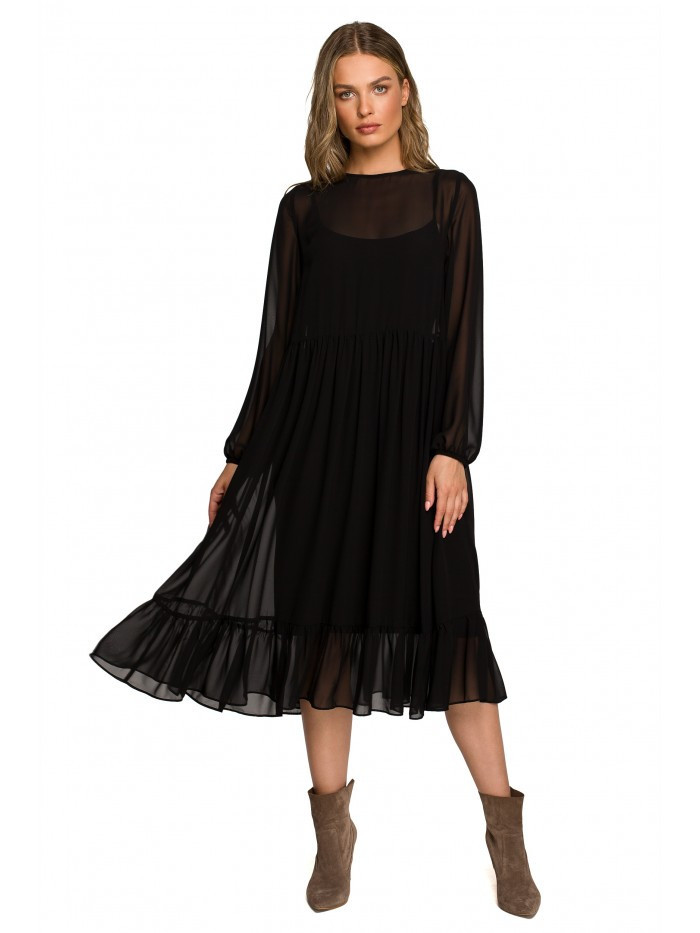 Šifonové šaty s volánem černé model 18140445 - STYLOVE Velikost: M, Barvy: černá