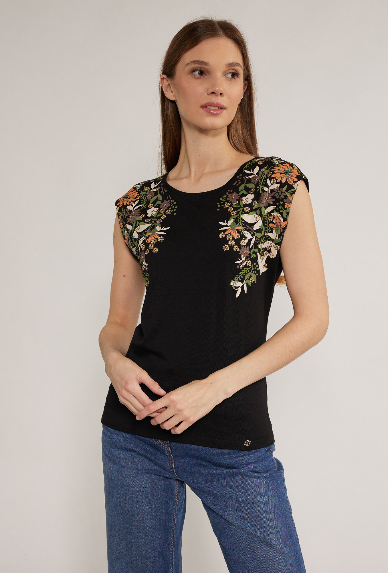Dámské tričko s květinovým potiskem model 18523075 černé M - Monnari