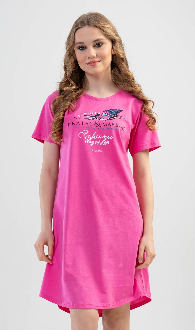 Dámská noční košile s krátkým rukávem model 17613386 tmavě růžová L