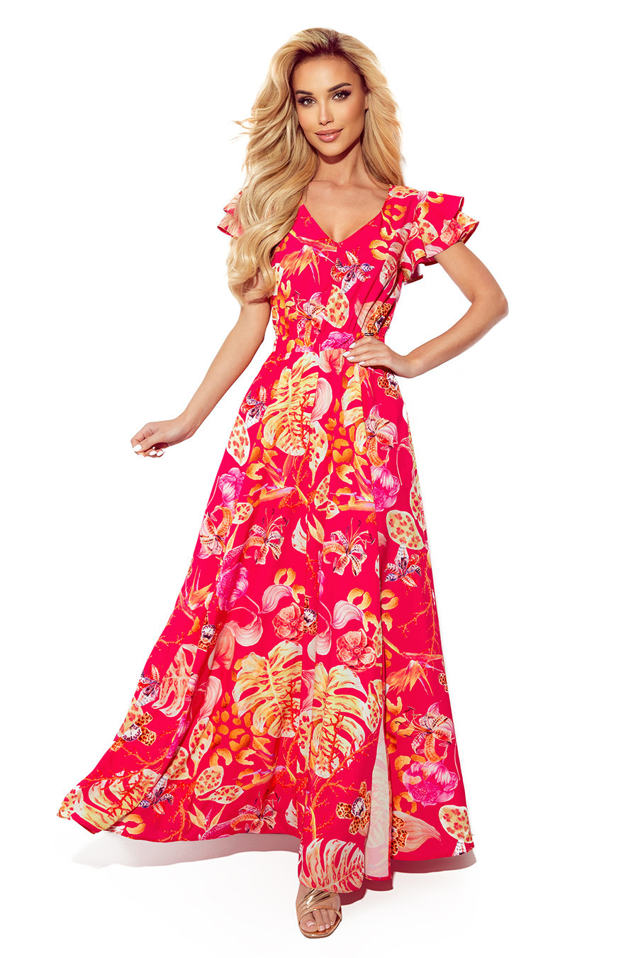 Růžové květované dlouhé dámské šaty s výstřihem a volánky model 17302018 - numoco Možnost: XXL