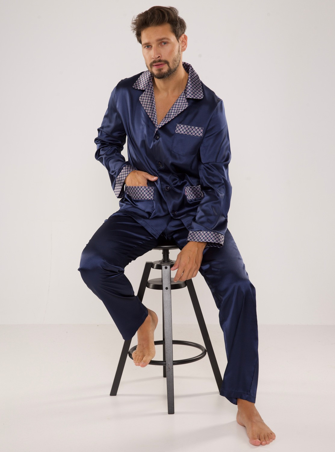 Pánské saténové pyžamo model 11329360 - De Lafense Barva: tmavě modrá, Velikost: XL