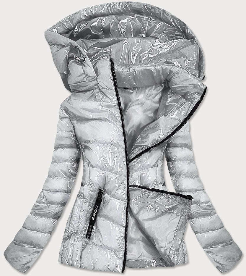 Lesklá stříbrná dámská bunda s kapucí (B9569) Barva: odcienie szarości, Velikost: XXL (44)