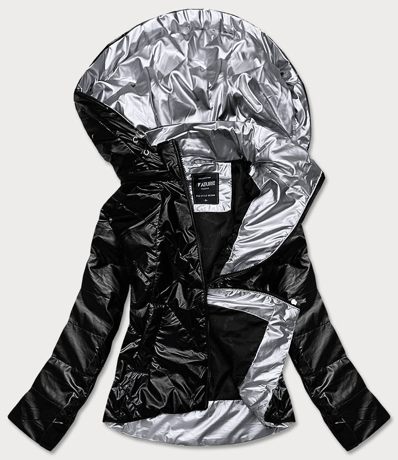 Černá dámská bunda se stříbrnou kapucí (RQW-7008) černá XL (42)