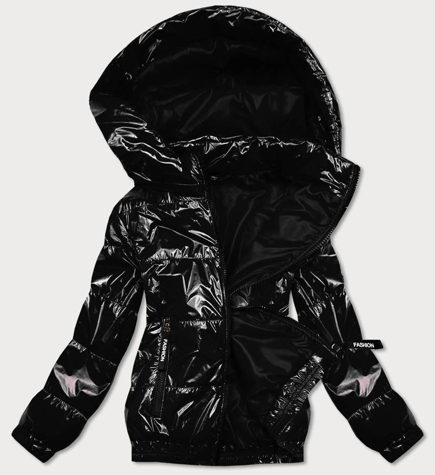 Lesklá černá prošívaná bunda s kapucí (BR9788-1) Barva: odcienie czerni, Velikost: 48