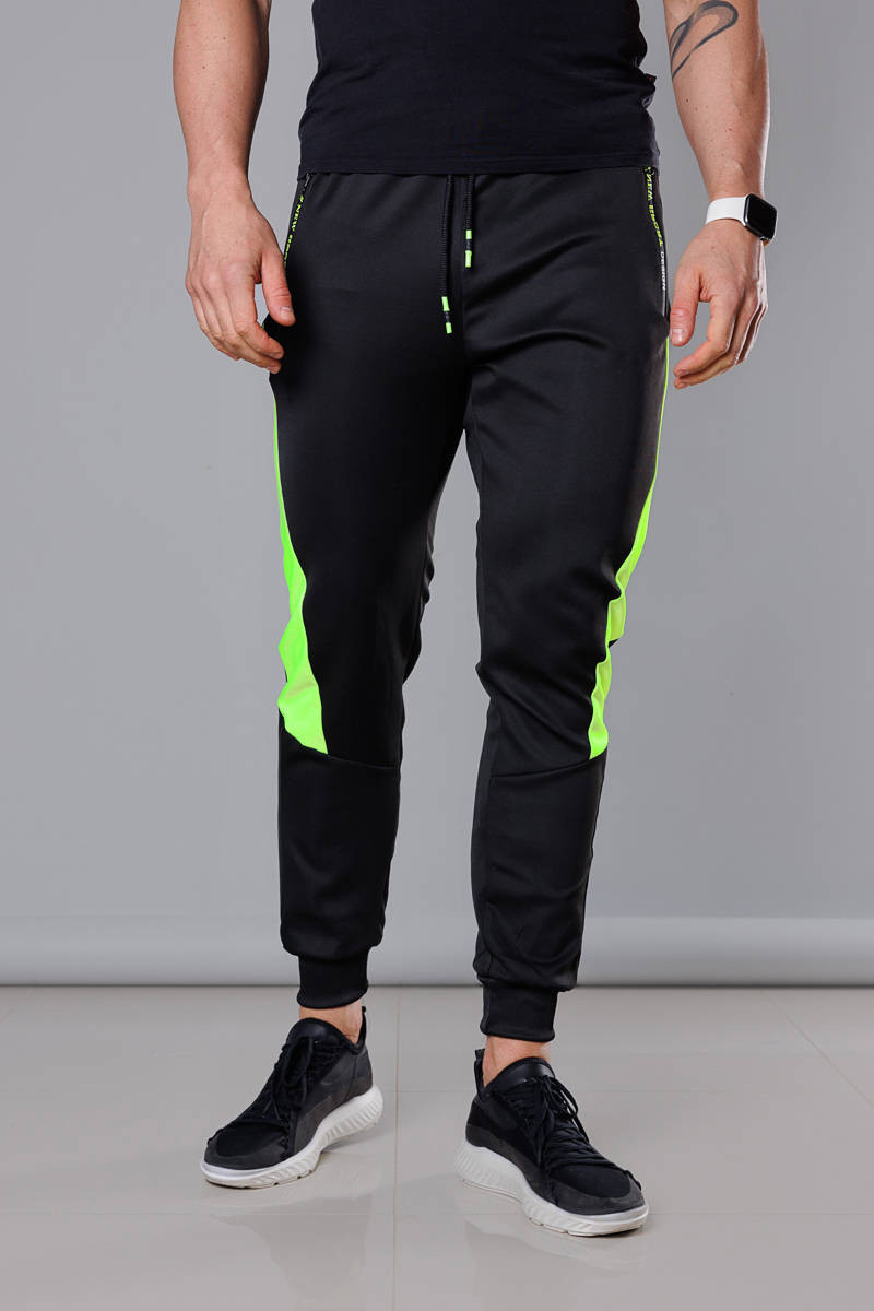 Černo-limetkové pánské teplákové kalhoty se vsadkami (8K168) odcienie czerni XXL