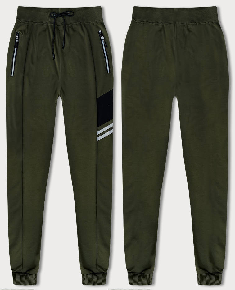 Pánské teplákové kalhoty v khaki barvě s barevnými vsadkami model 18619881 khaki M - J.STYLE