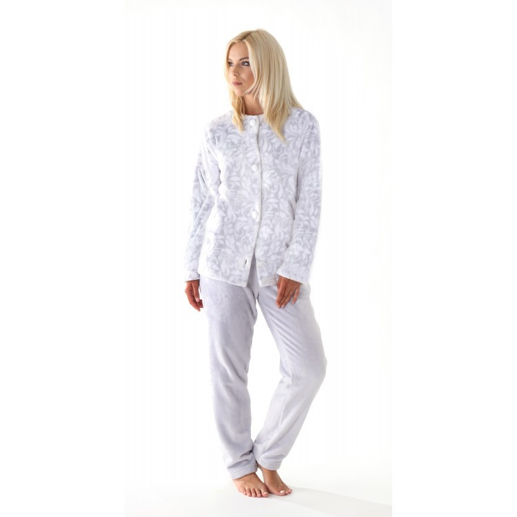 FLORA teplé pyžamo dove grey knoflík Velikost: L, Řezání: pohodlné domácí oblečení, Barva: 9102 šedý tisk na bílé
