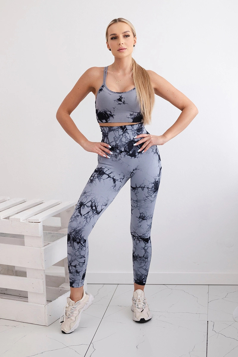 Fitness set top+ legíny push up šedá + černá S/M