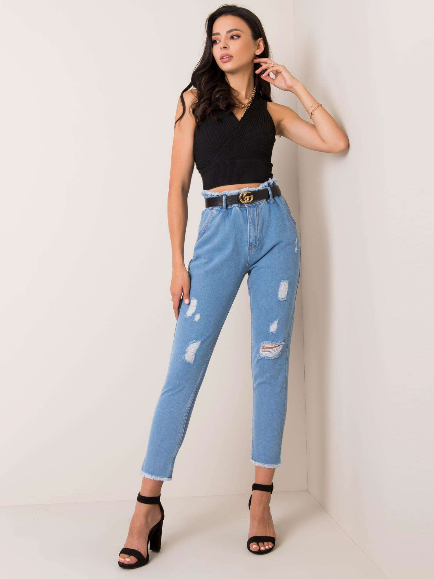 Obrázok RUE PARIS Niebieskie jeansy high waist z przetarciami 29