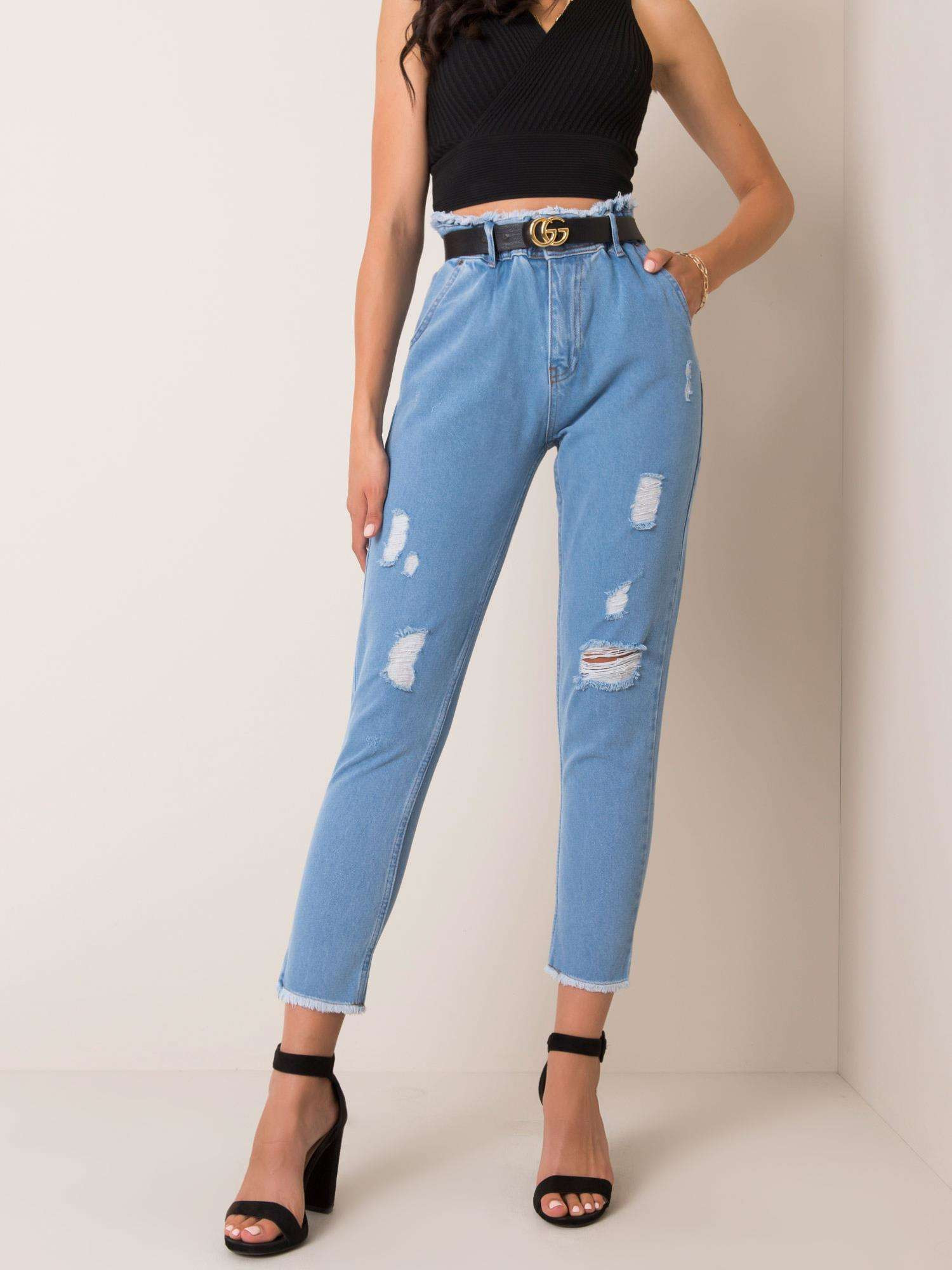 Obrázok RUE PARIS Niebieskie jeansy high waist z przetarciami 31