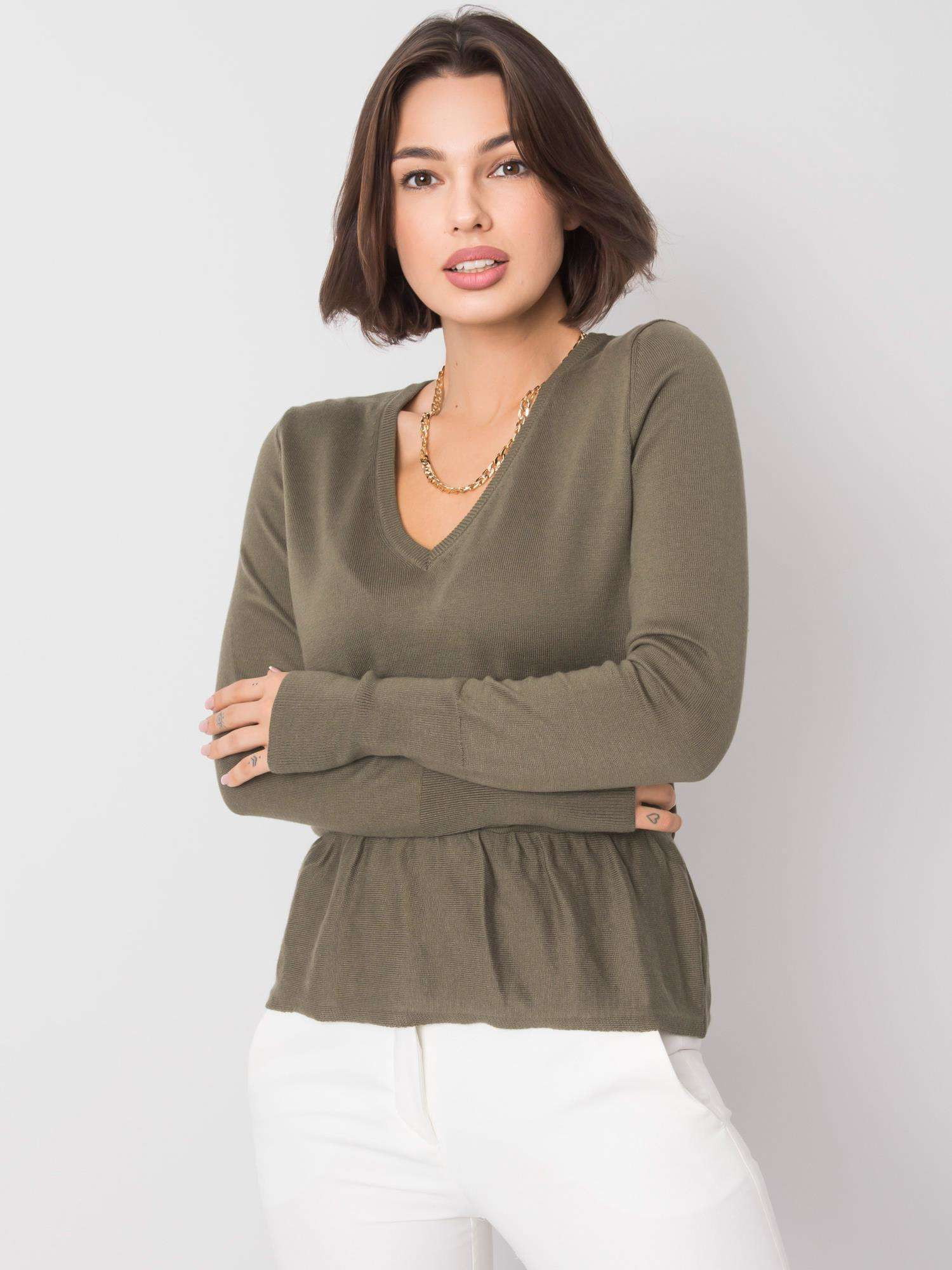 Obrázok RUE PARIS Khaki sweter z dekoltem V XS