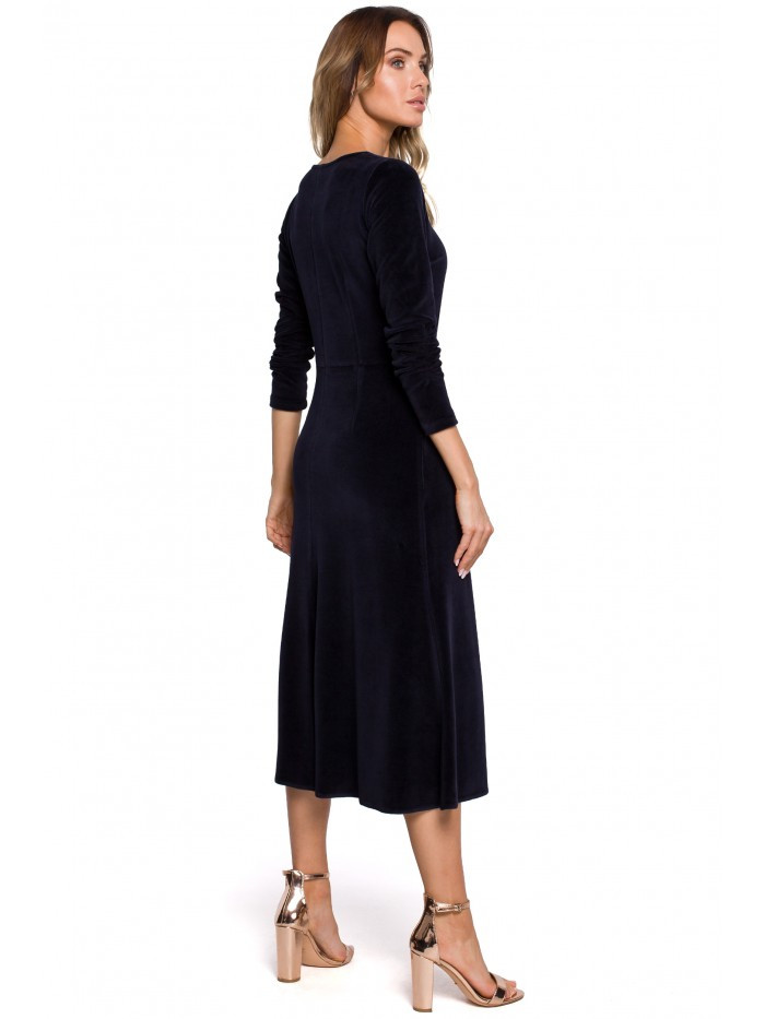 Obrázok M557 Velvet Midi Dress With Gathered Sleeves  EÚ S. námornícka modrá