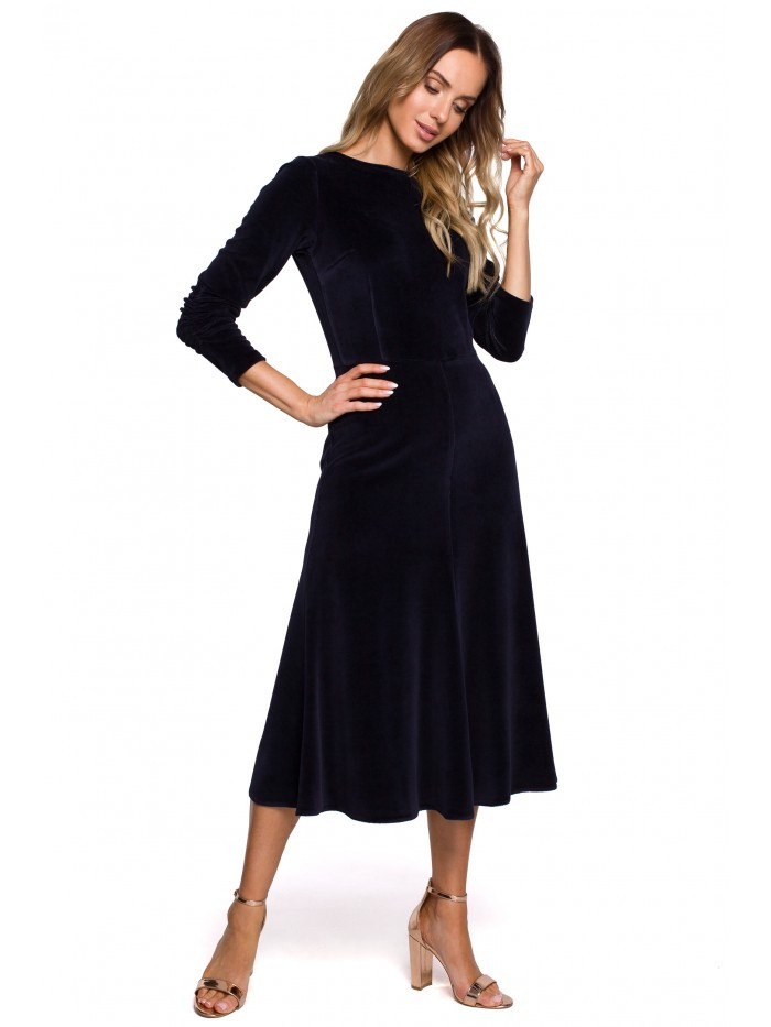 Obrázok M557 Velvet Midi Dress With Gathered Sleeves  EÚ S. námornícka modrá