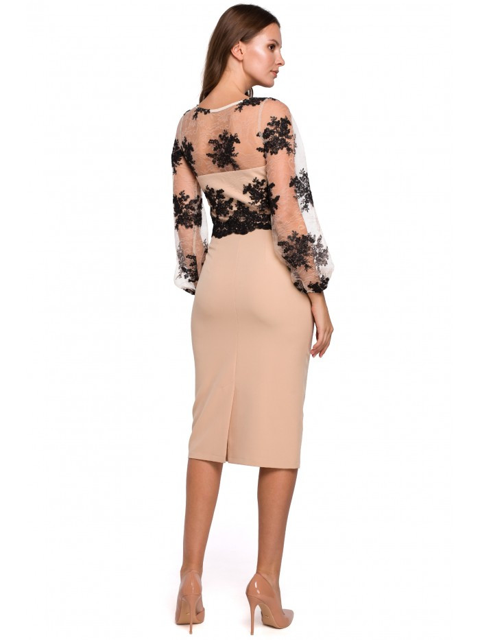 Obrázok K013 Pencil dress with guipure top  EÚ XXL béžový