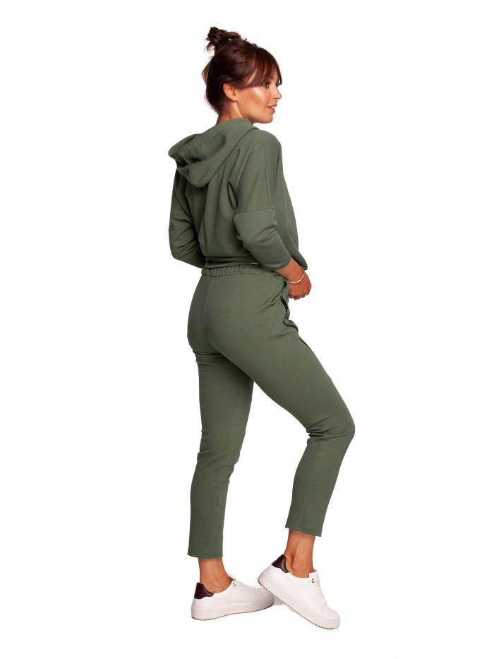 B240 Úzké pletené kalhoty s ozdobnými zipy - khaki barva EU L