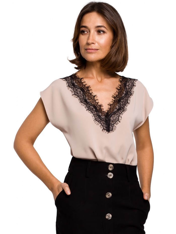 Obrázok S206 Sleeveless top with lace neckline  EÚ L béžový