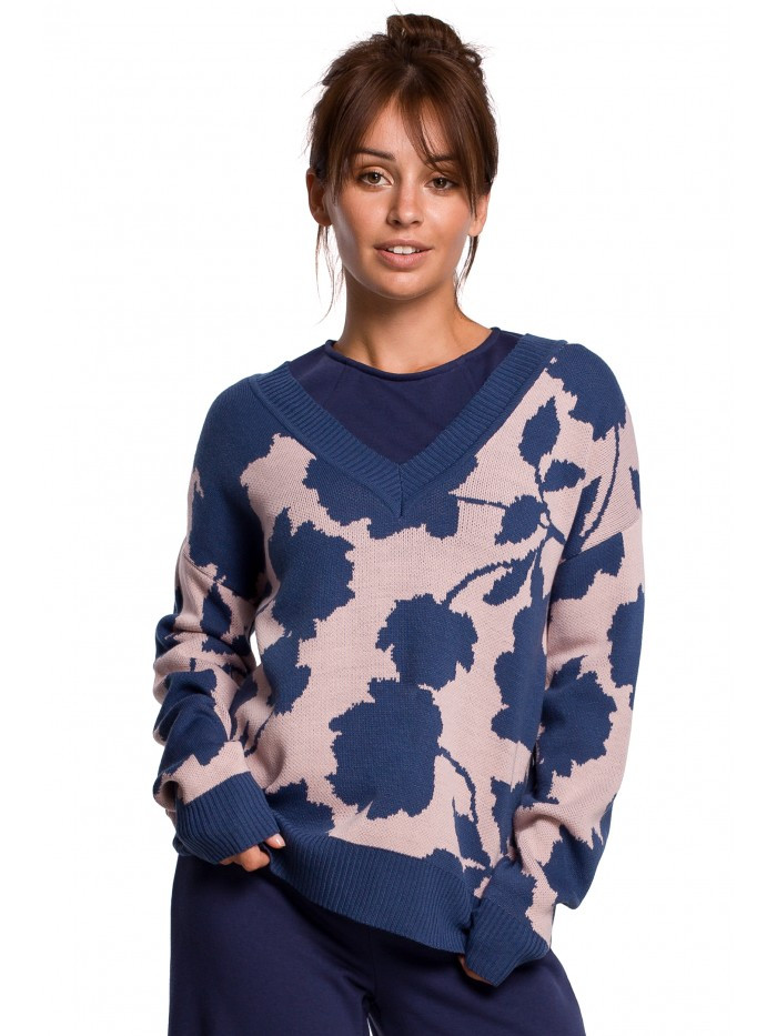 Obrázok BK056 Floral pattern pullover v-neck sweater  - model EU L / XL Model2