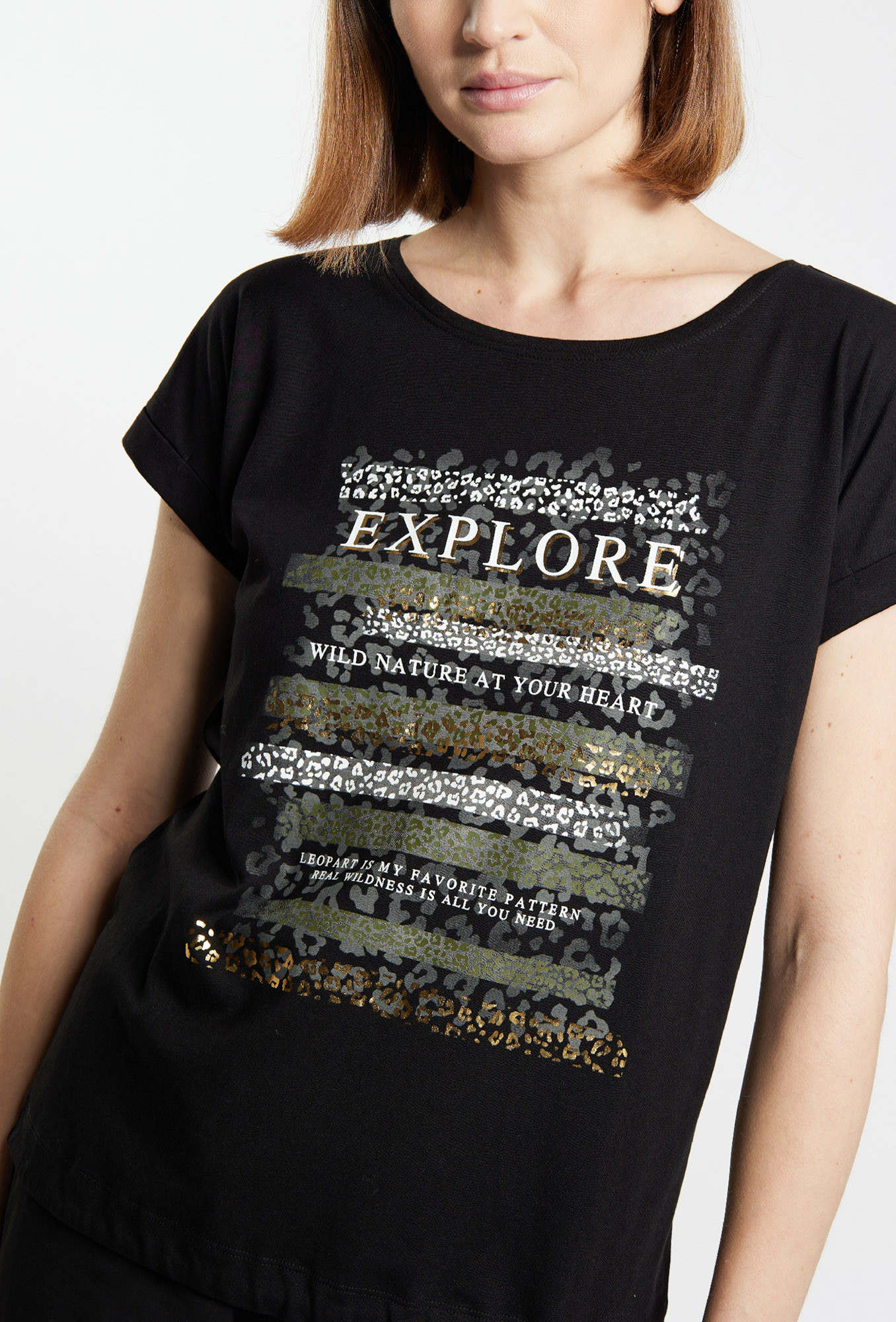 Monnari Trička Dámské tričko se vzorovaným panelem Black Velikost: XL