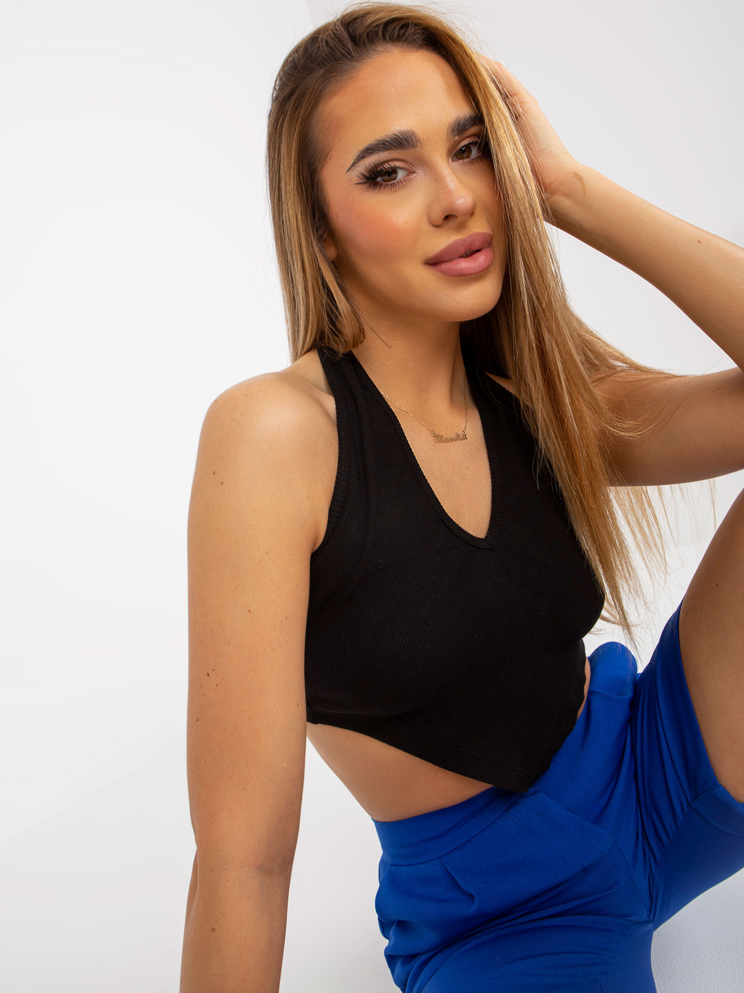 Černý vypasovaný crop top basic v proužcích RUE PARIS S