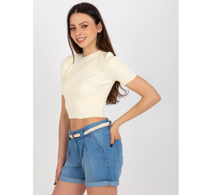 Krémový crop top s žebrovaným střihem