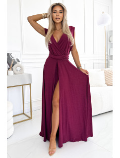 Elegantní dlouhé dámské šaty ve vínové bordó barvě s a se zavazováním model 20173914 - numoco