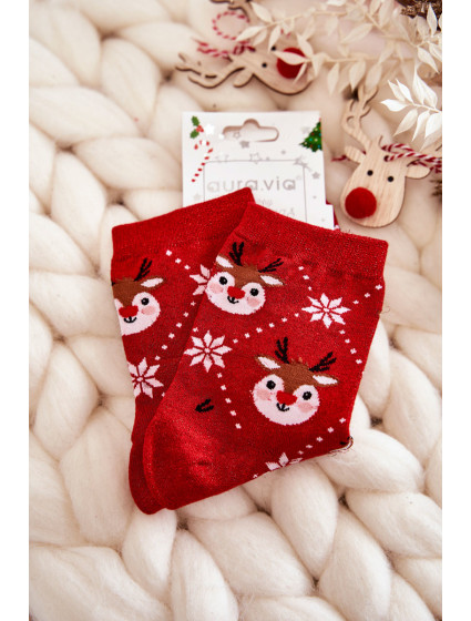 Dámské vánoční ponožky lesklé sobově Červené