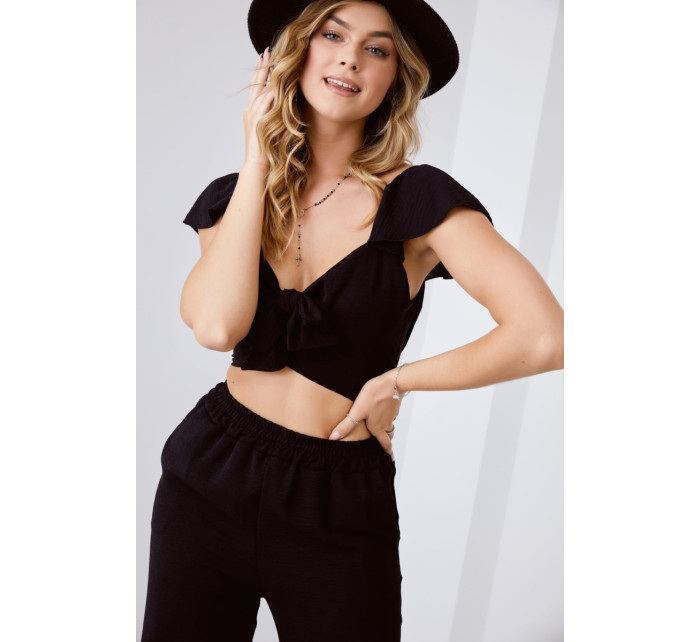 Černý crop top set se širokými nohavicemi