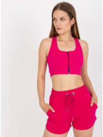 Fuchsiový žebrovaný základní crop top se zapínáním RUE PARIS