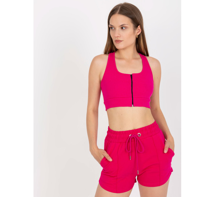 Fuchsiový žebrovaný základní crop top se zapínáním RUE PARIS