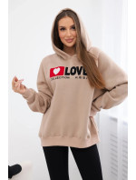 Zateplená bavlněná mikina s kapucí Love tmavě béžová