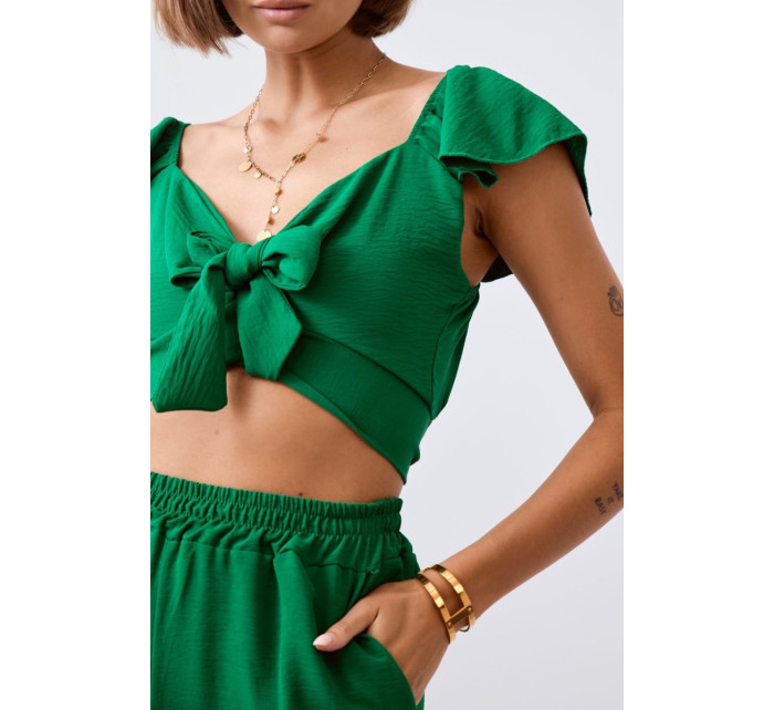 Tmavě zelený crop top set se širokými nohavicemi