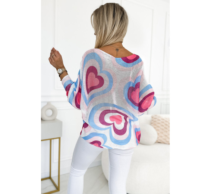 Oversize svetr s růžovými a modrými srdíčky Numoco - bílý