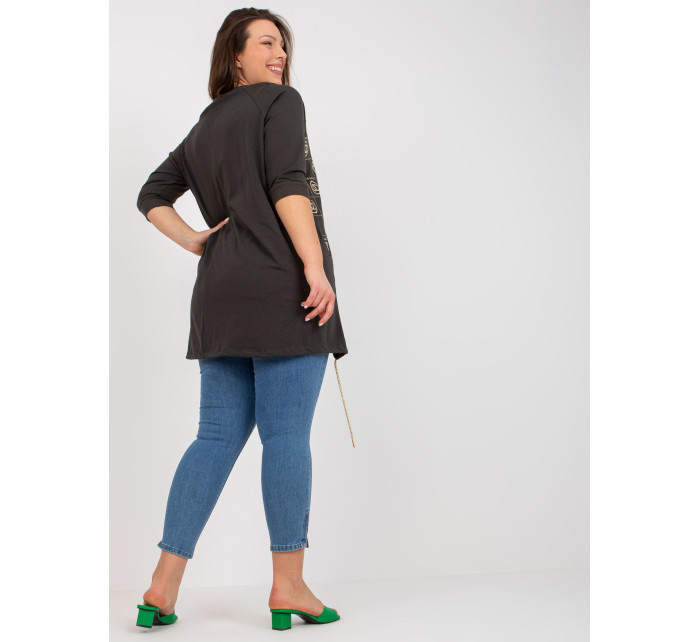 Khaki asymetrická halenka plus size velikosti s potiskem