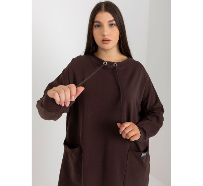 Tmavě hnědá mikina plus size basic se stahovací šňůrkou