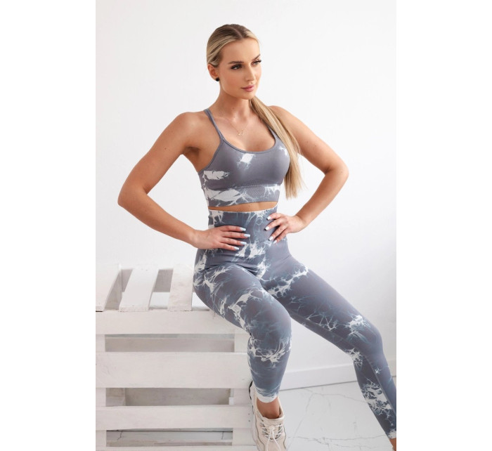 Dámský fitness set top + push up legíny - šedá/bílá