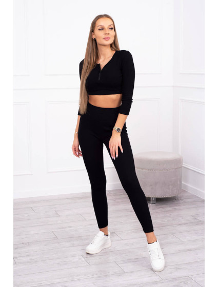 Žebrovaný crop top set v černé barvě