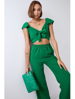 Tmavě zelený crop top set se širokými nohavicemi