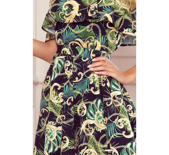 Dlouhé dámské šaty se výstřihem a vzorem zelených listů a   model 18055831 - numoco