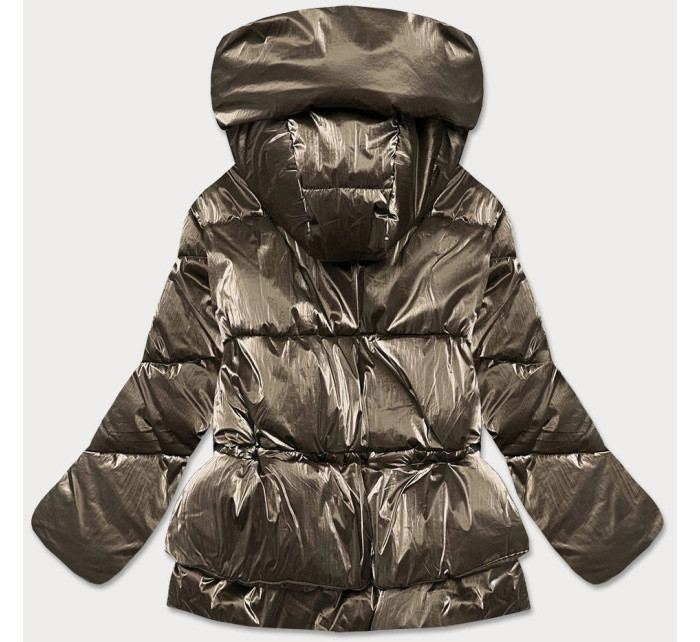 Tmavě zlatá krátká metalická dámská zimní bunda typu puffer (omdl-022)