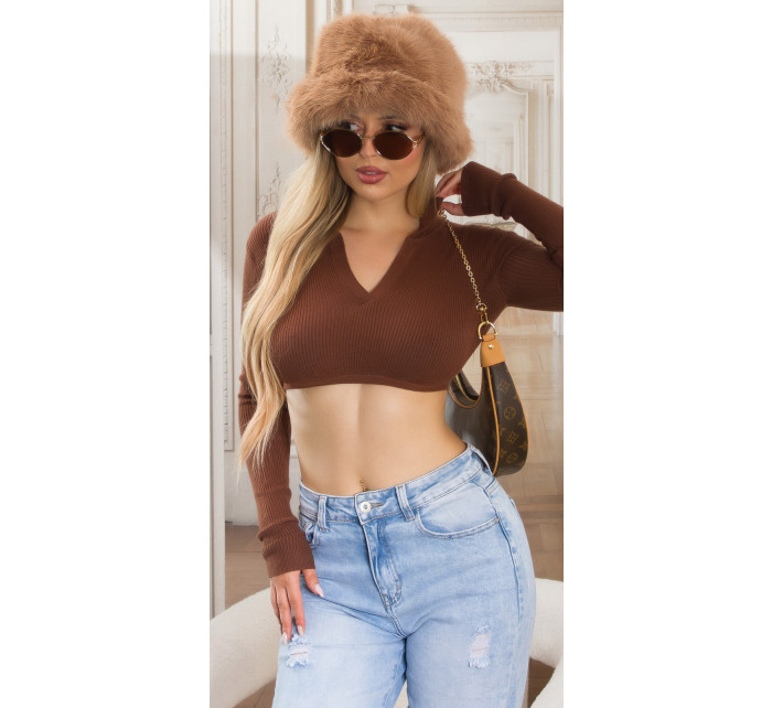 Sexy Koucla cropped Sweater with Collar & Cut Out