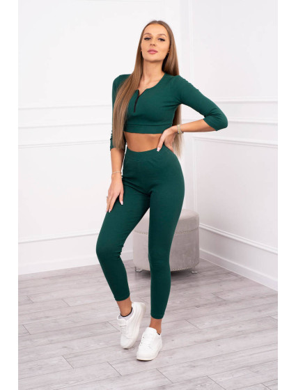 Žebrovaný crop top set tmavě zelené barvy