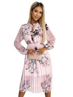Dámské plisované midi šaty s dlouhými rukávy a se vzorem růží na pastelově růžové růžové barvě model 18507079 - numoco basic