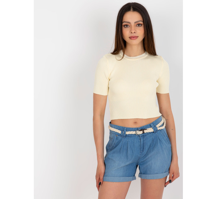 Krémový crop top s žebrovaným střihem