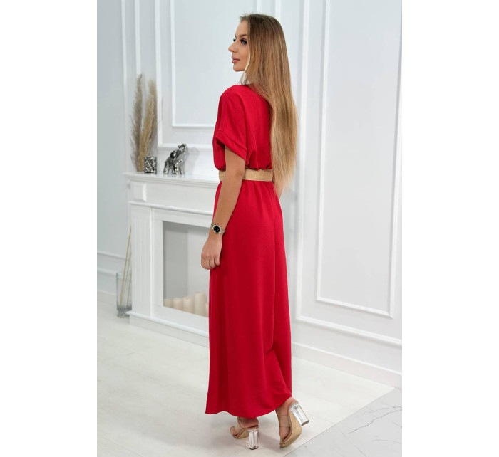 Dlouhé šaty s ozdobným páskem červené