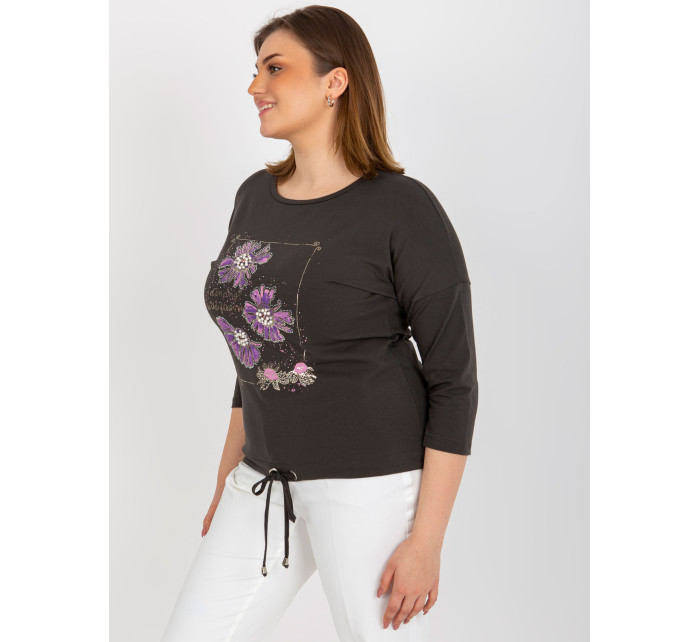 Dámská halenka plus size s 3/4 rukávy a potiskem - khaki