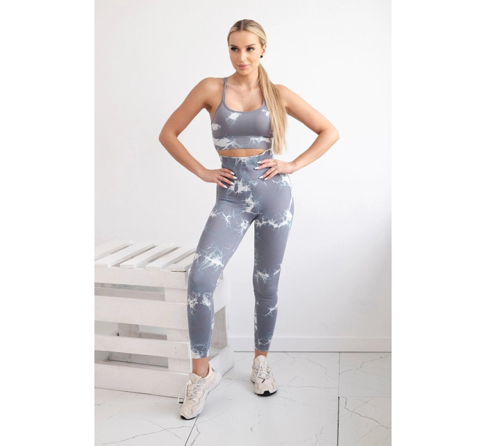 Dámský fitness set top + push up legíny - šedá/bílá