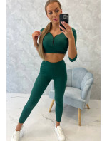 Žebrovaný crop top set tmavě zelené barvy