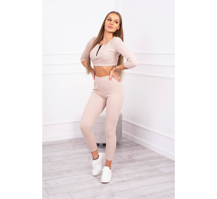 Žebrovaný crop top set světle béžový